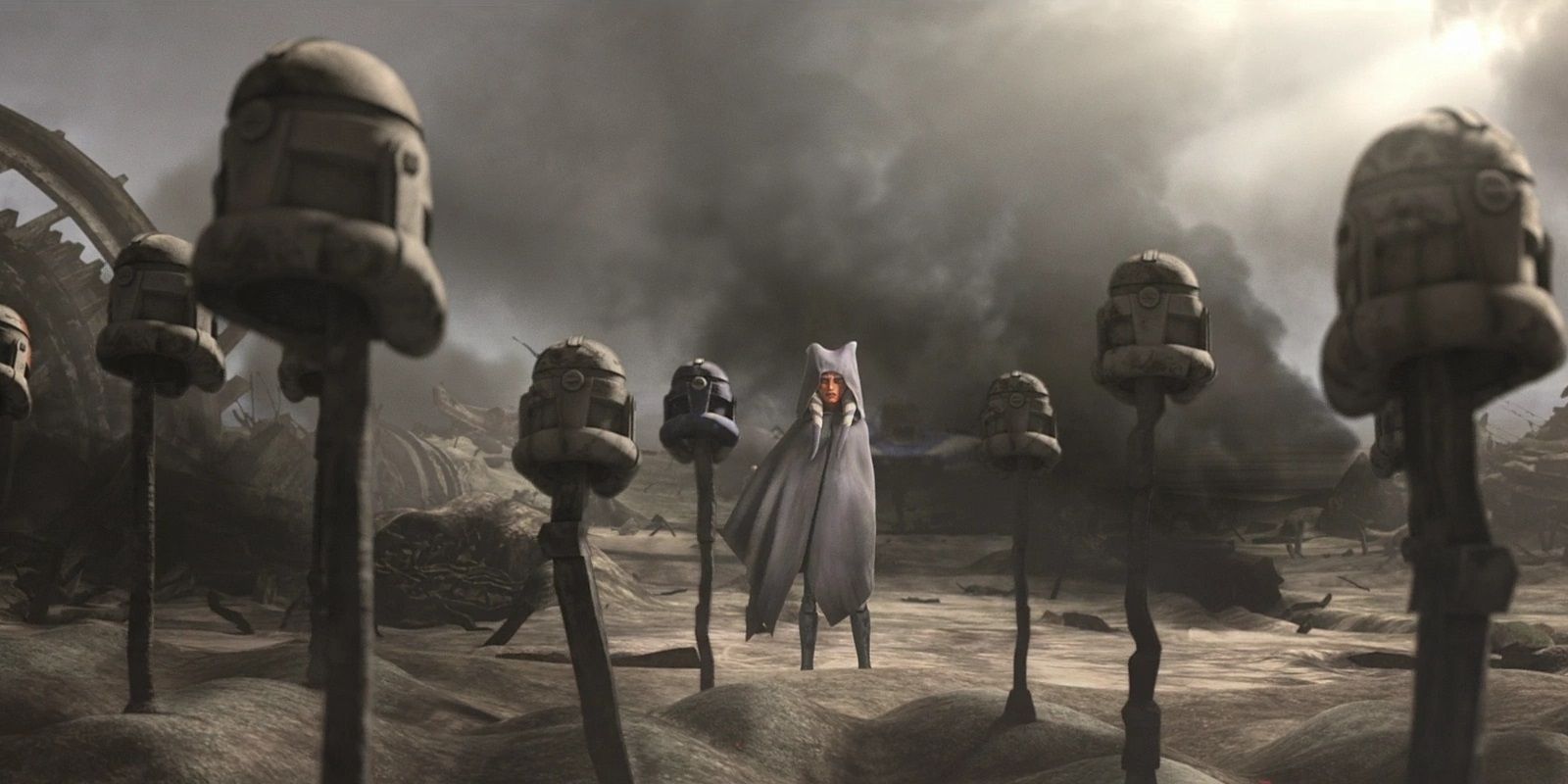 Ahsoka among the Clone Trooper Graveyard in Star Wars The Clone Wars - Victory and Death