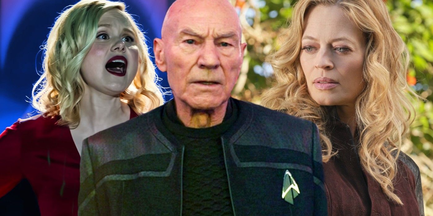 Alison Pill as Agnes Jurati Patrick Stewart as Jean Luc Picard and Jeri Ryan as Seven in Star Trek Picard