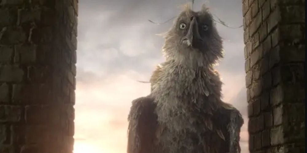 An Augurey perched on a window sill in Fantastic Beasts