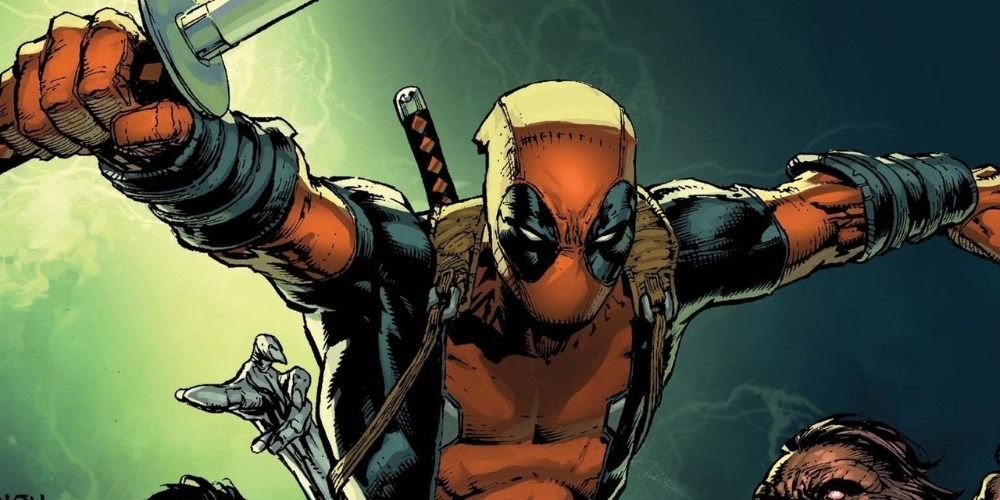 An image of Deadpool jumping over the enemies in the Marvel comics