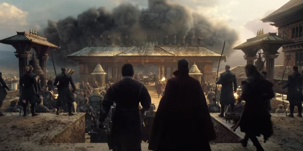 An image of Doctor Strange and Wong standing outside the Kamar Taj