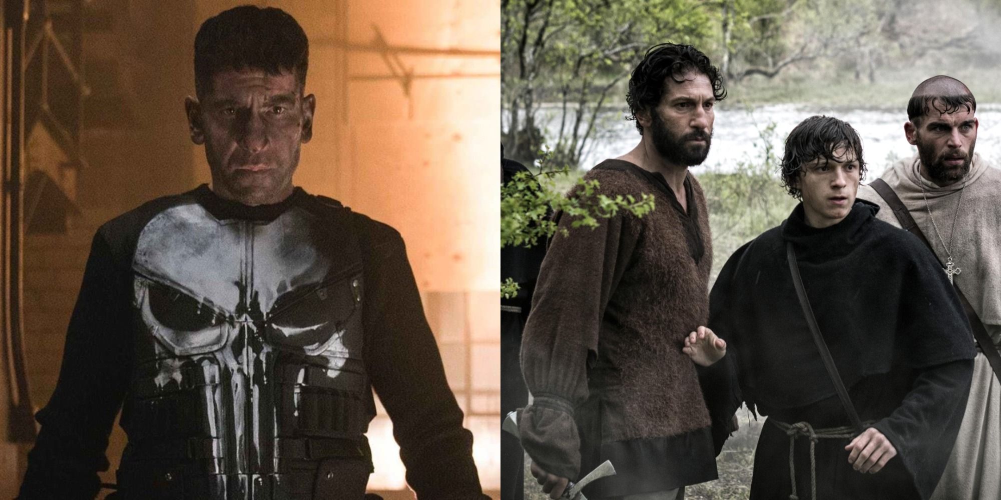 An image of Frank Castle looking bloody and Jon Bernthal and Tom Holland in Pilgrimage