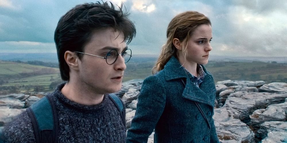An image of Harry and Hermione standing on a rocky cliff in Harry Potter: Deathly Hallows Part 1