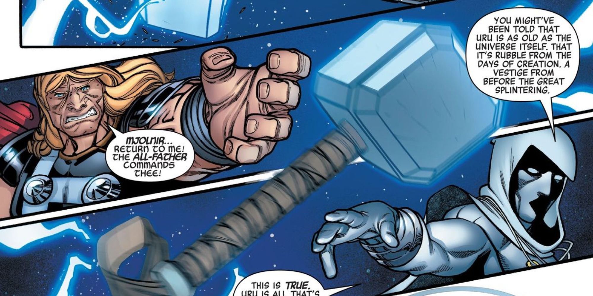 An image of Moon Knight calling Thor's Hammer in the Marvel comics