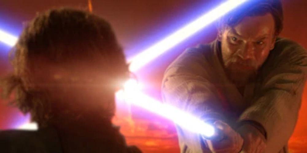 An image of Obi Wan and Anakin battling on Mustafar in Star Wars