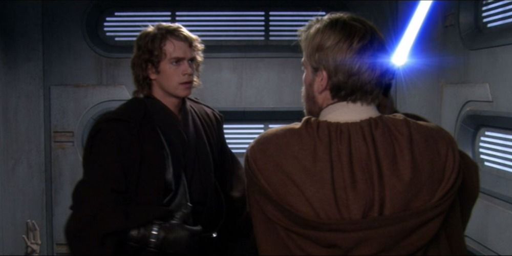 An image of Obi Wan and Anakin standing in an elevator together in Star Wars