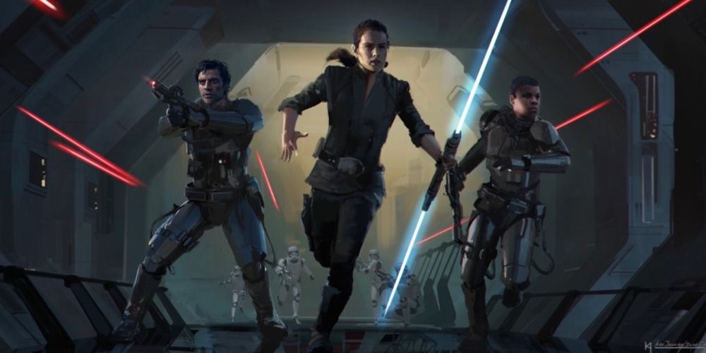 An image of Rey, Finn and Poe running down a corridor in Star Wars
