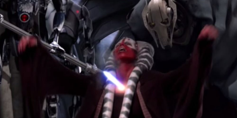 An image of Shaak Ti getting killed by General Grevious in Star Wars