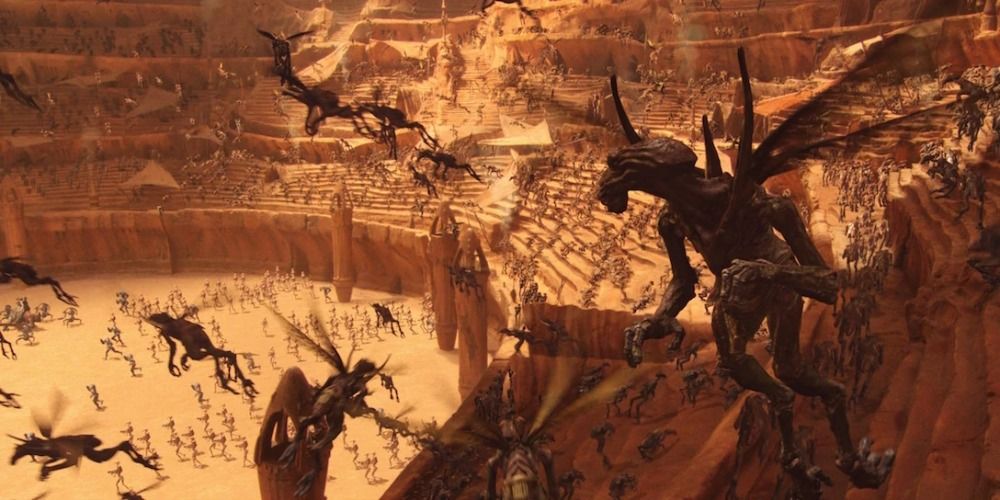 An image of the Geonosian creatures fighting in the arena in Star Wars