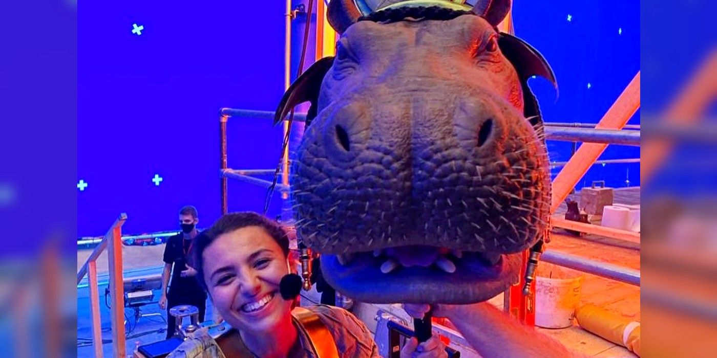Antonia Salib with Taweret hippo head on Moon Knight set CROPPED