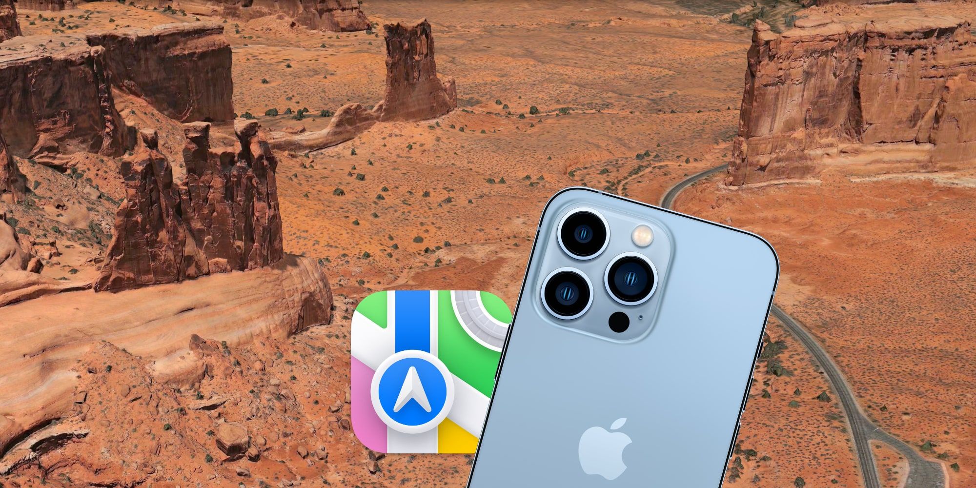 Apple iPhone 13 Pro Blue Apple Maps App Icon Over Arches National Park, Utah Image