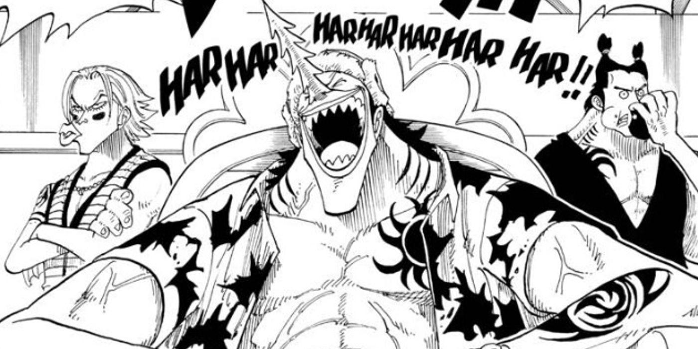 Arlong laughs during his debut in One Piece chapter 69.