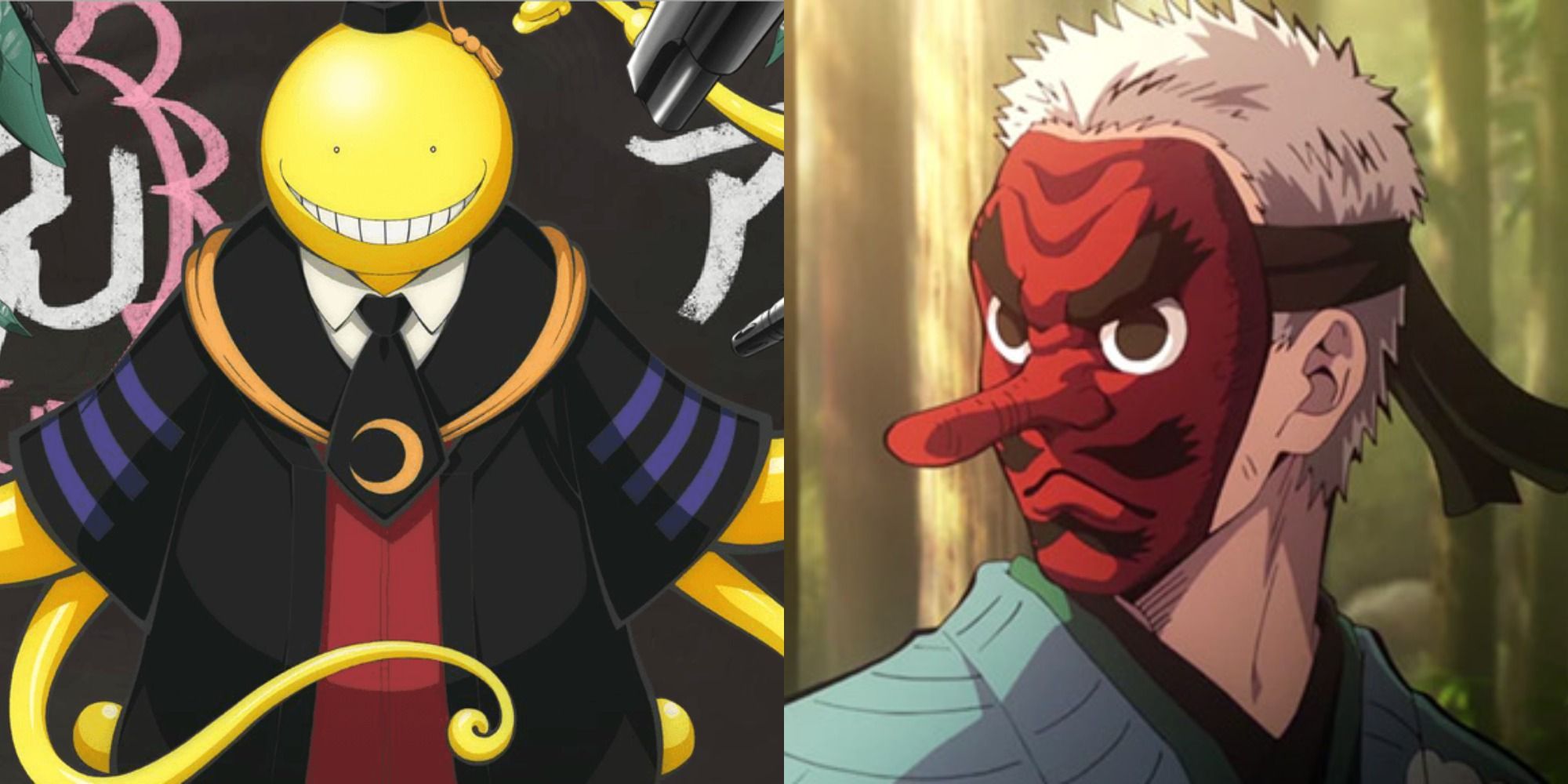 Split image showing Korsensei in Assassination Classroom and Sakonji Urokodaki in Demon Slayer.