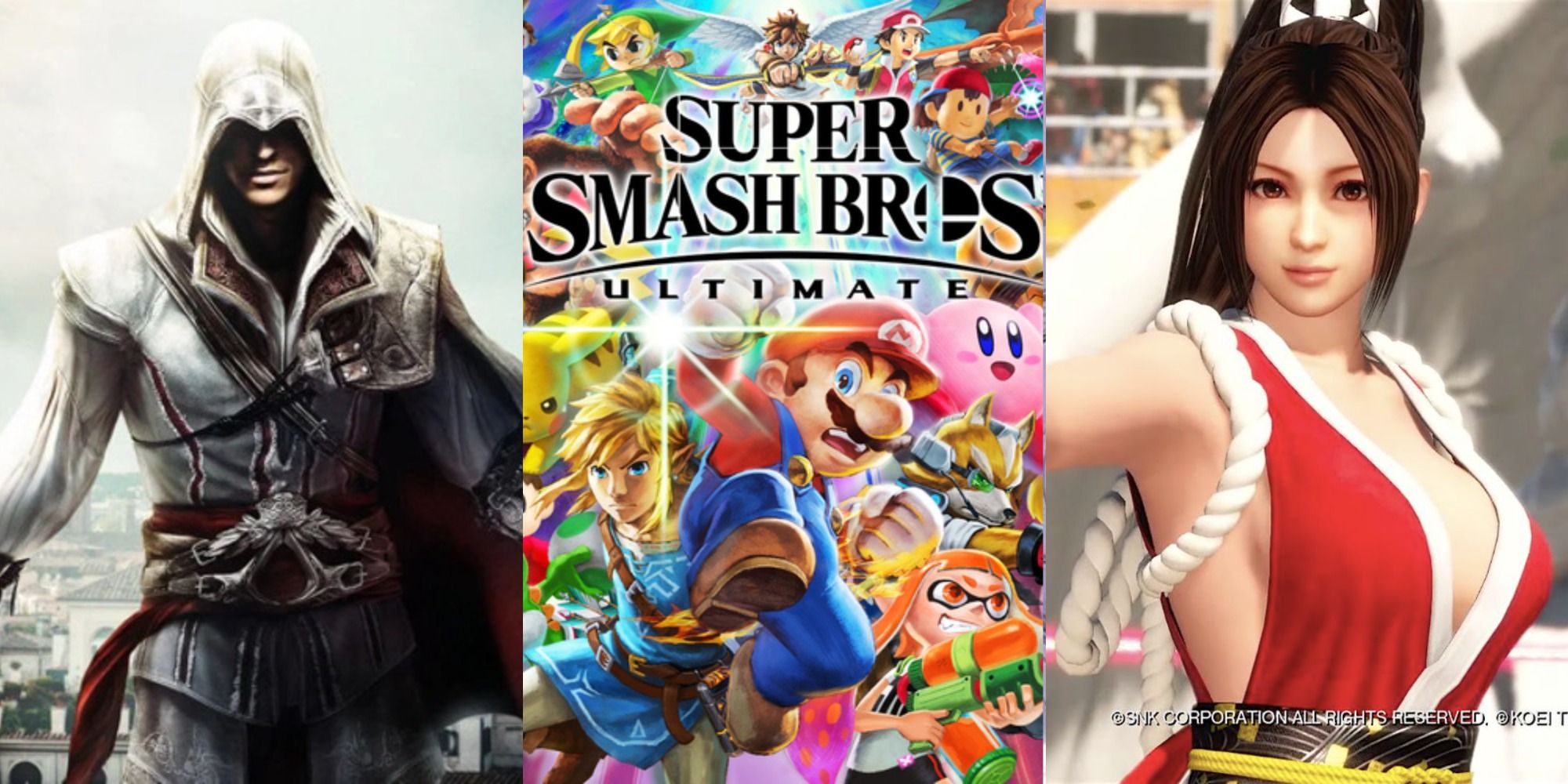 Split image showing Ezio from AC, the cover for SSBU, and Mai from King of Fighters.
