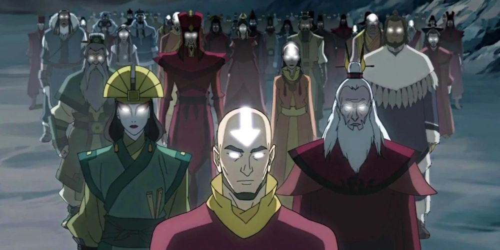 All of the Avatars, before Korra, standing in a triangle as the Avatar State activates