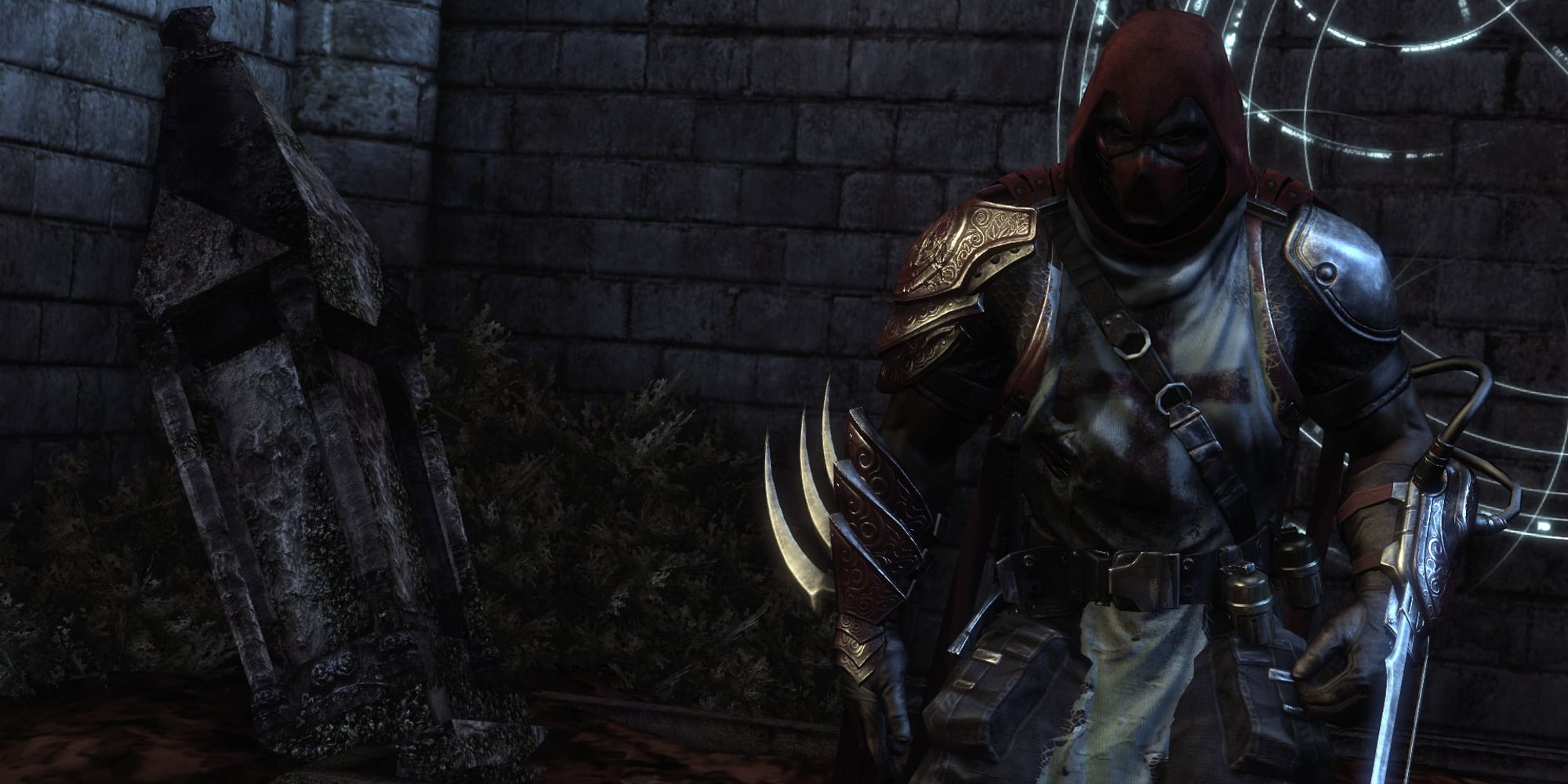 Azrael kneeling before a church in Batman Arkham City