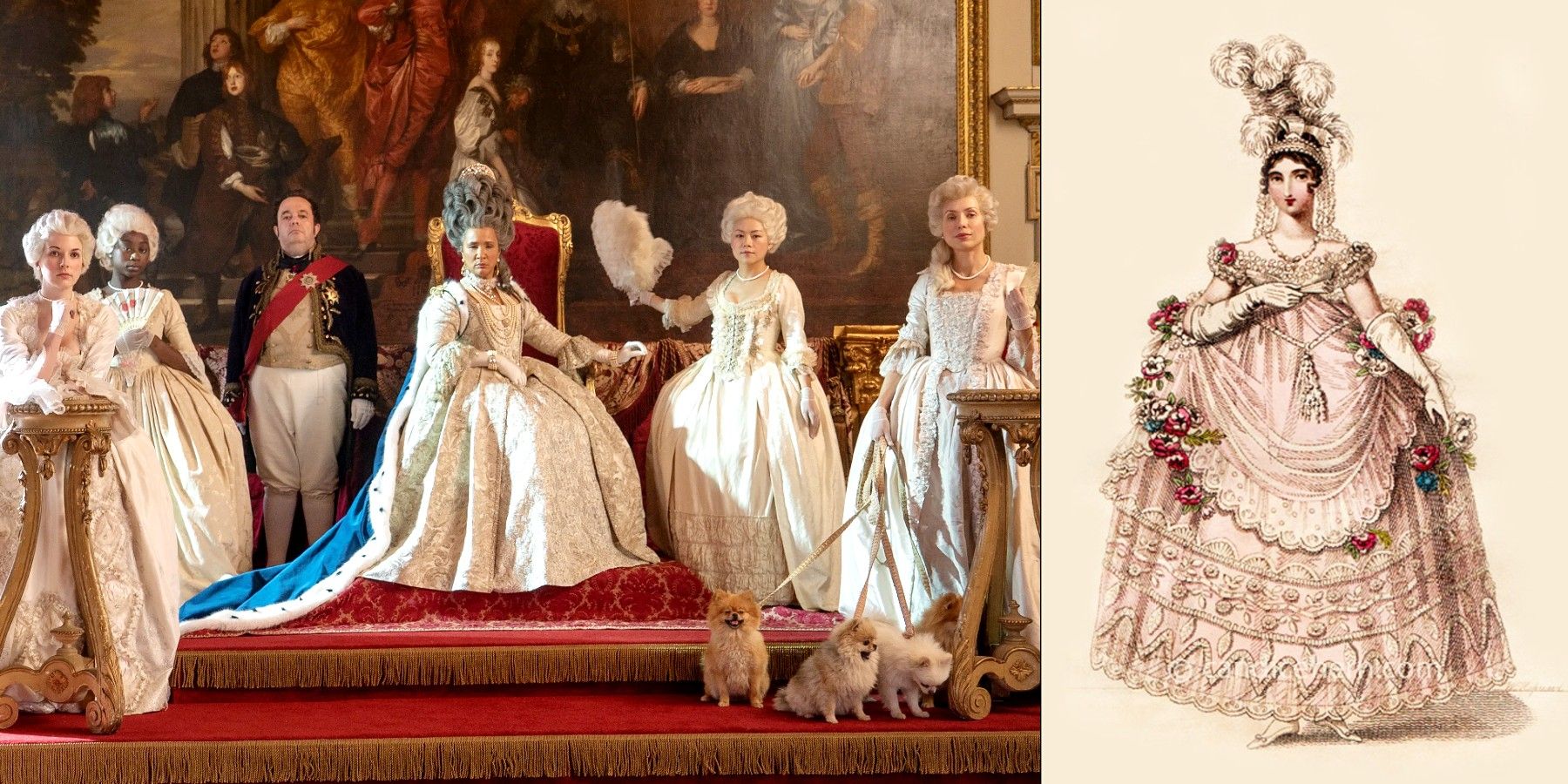 Queen Charlotte's court fashion in Bridgerton compared to real life.