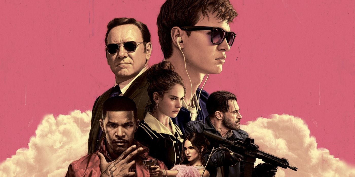 Ansel Elgort on the poster for Baby Driver in a collage with the rest of the supporting cast