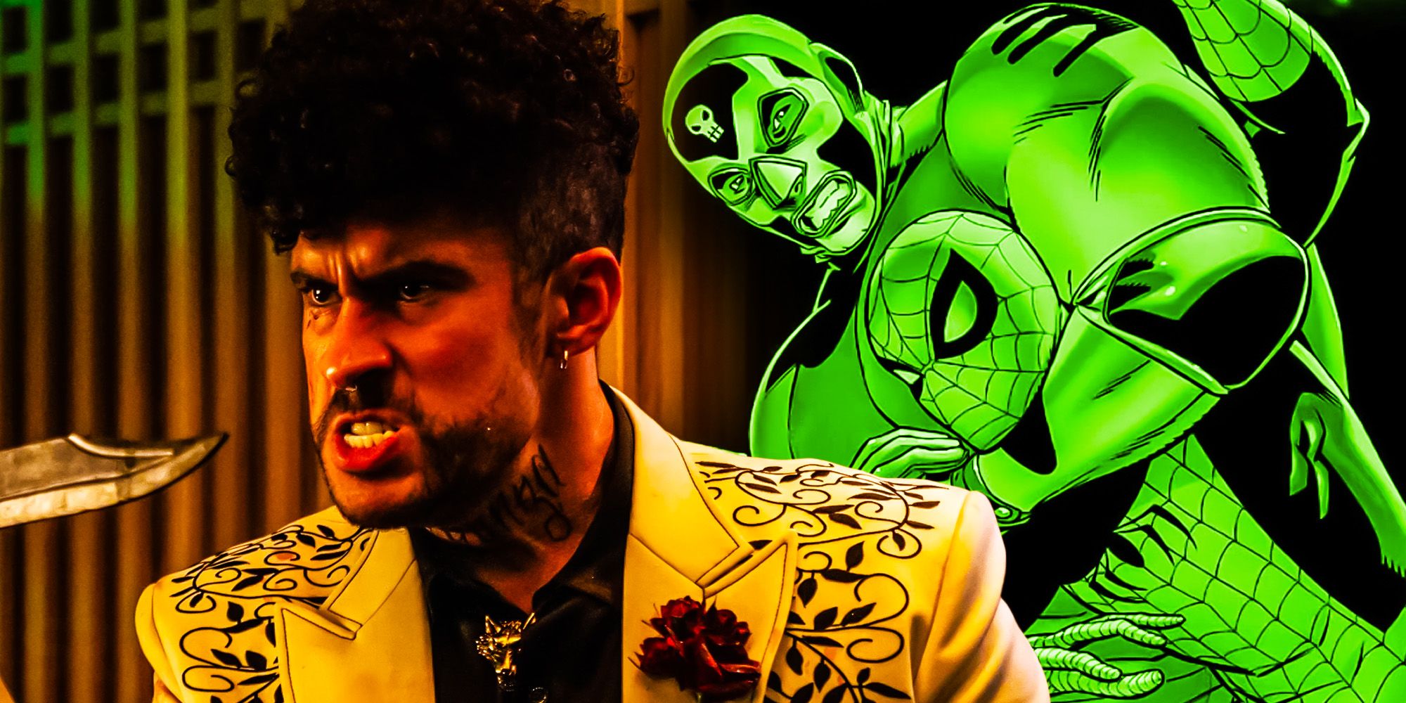 Custom image of Bad Bunny in Bullet Train side by side with El Muerto choking Spider-Man in the comics.