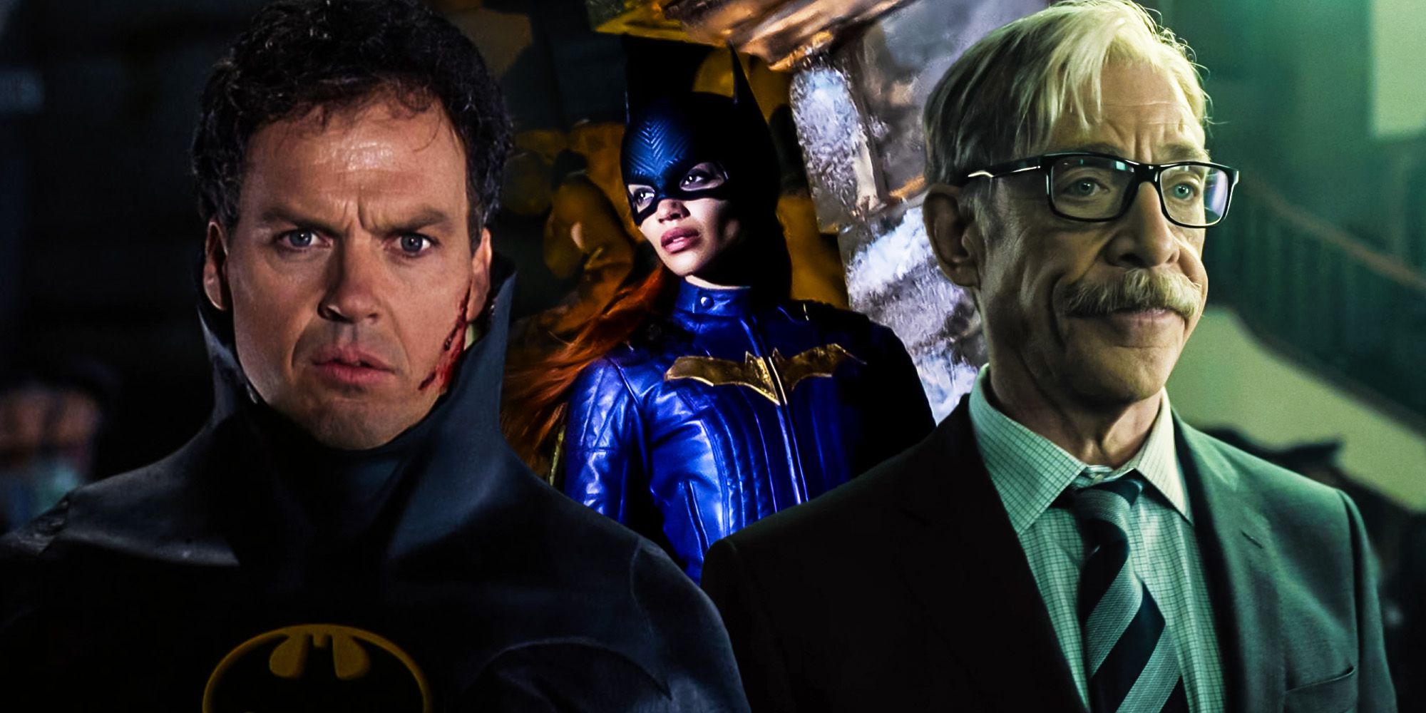 Michael Keaton as Batman, Leslie Grace as Batgirl, and JK Simmons as Gordon