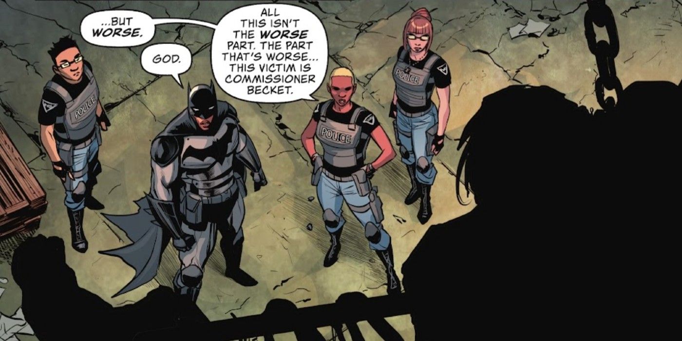 Jace Fox&rsquo;s Batman finds Commissioner Becket&rsquo;s body in I Am Batman #8.