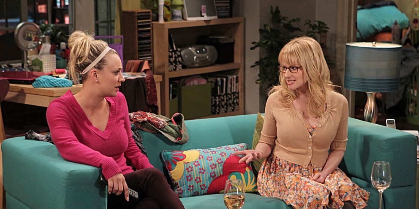 Bernadette and Penny sitting on the couch on TBBT