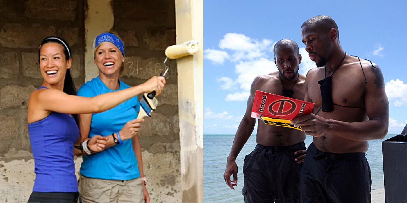 Split image showing Nat & Kat and Flight Time & Big Easy from The Amazing Race