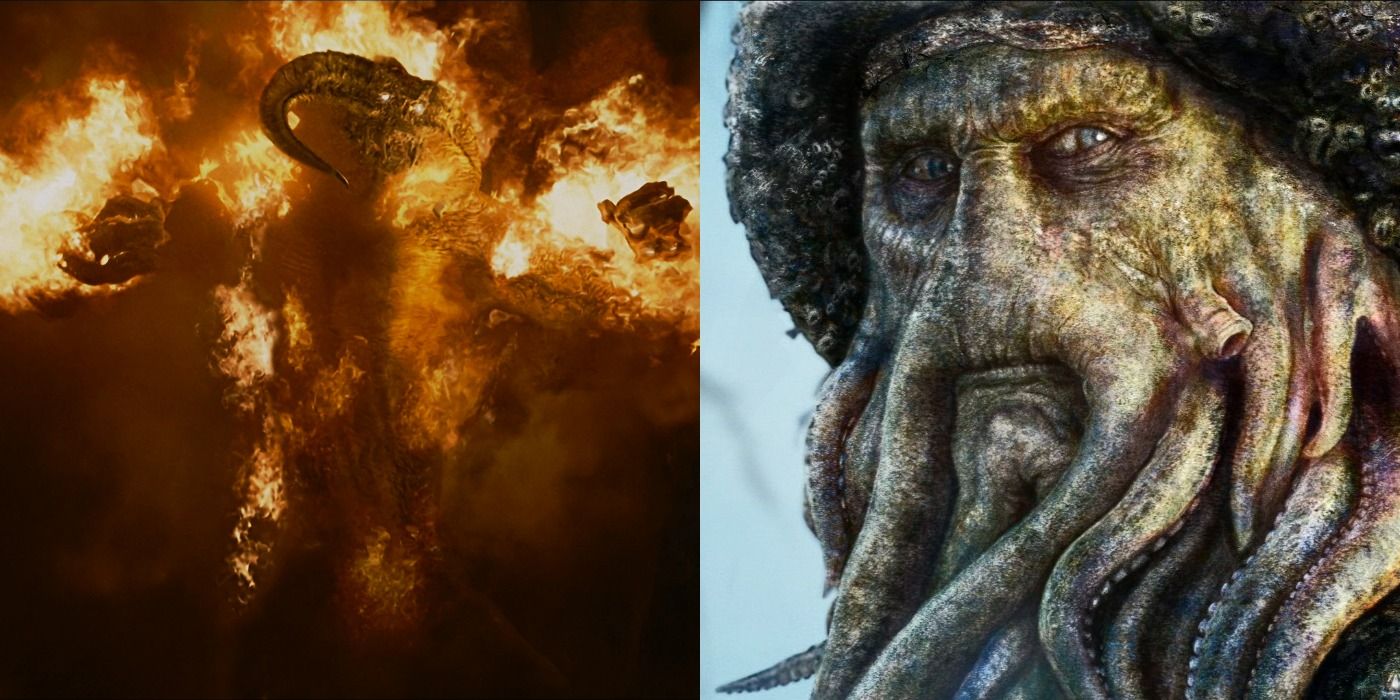 A split image showing the balrog from LotR on the left and Davy Jones from PotC on the right.