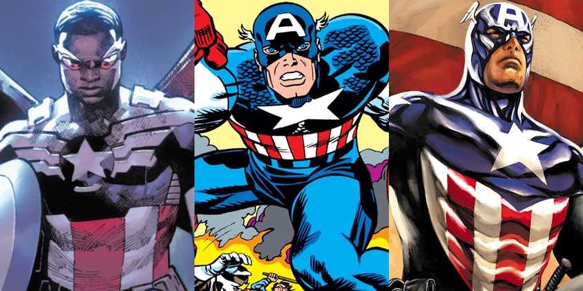 Split image of Sam Wilson Captain America, Steve Rogers, and Bucky Barnes from Marvel Comics.