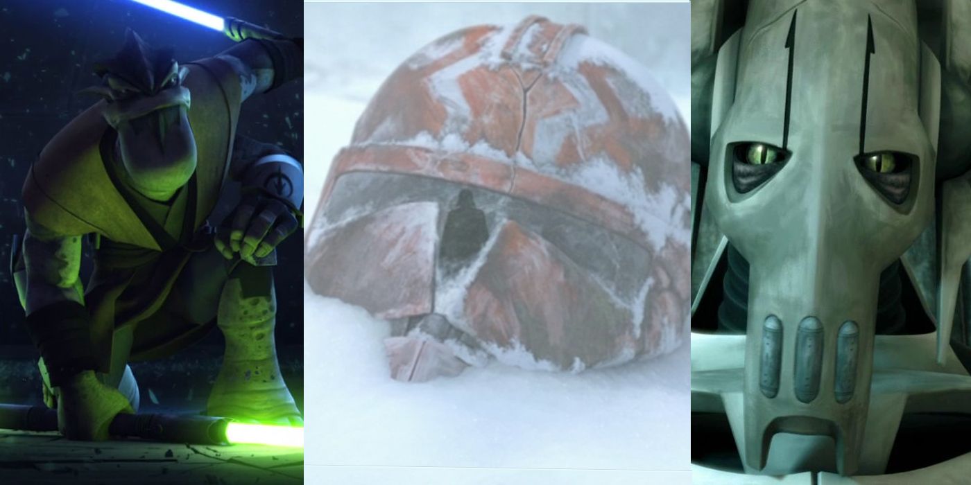 Tri-fold picture of Pon Krell, the final clone trooper helmet from the series finale, and General Grievous in Star Wars The Clone Wars