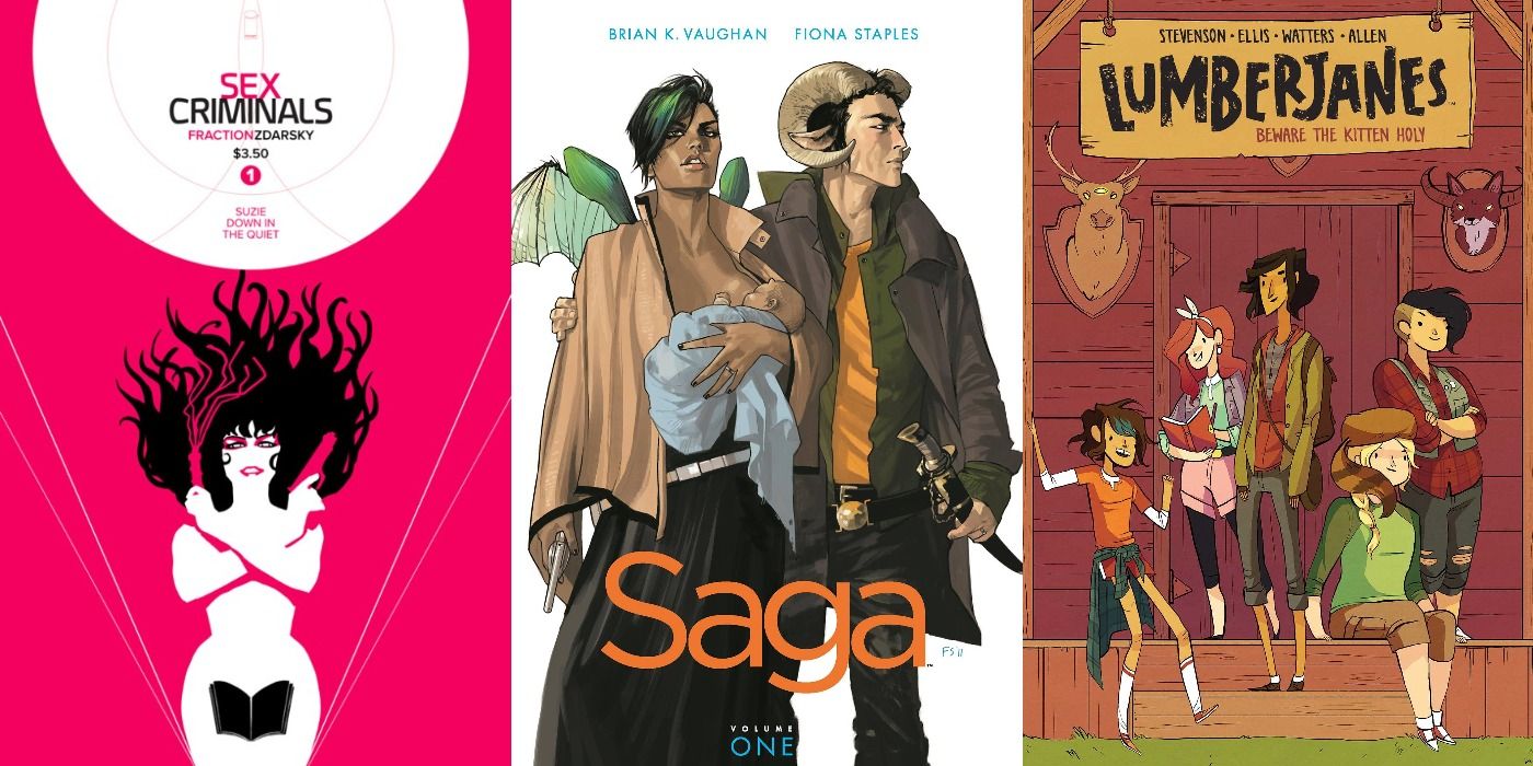 Split image of comic covers of Sex Criminals 1, Saga 1, and Lumberjanes 1.