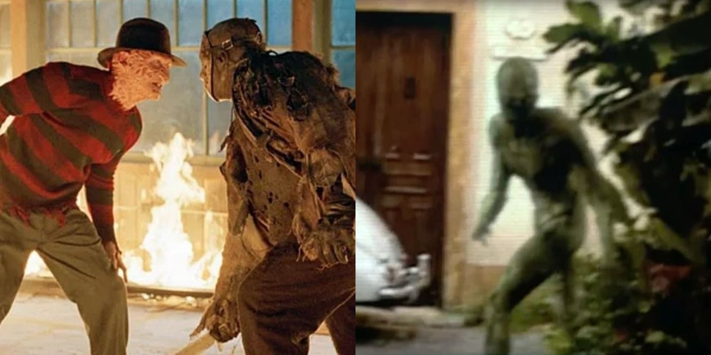 A two-image collage. On the left, Freddy Krueger and Jason Voorhees facing off in the burning Camp Crystal Lake in Freddy vs. Jason. On the right, the alien in Signs steps out from behind the hedge.