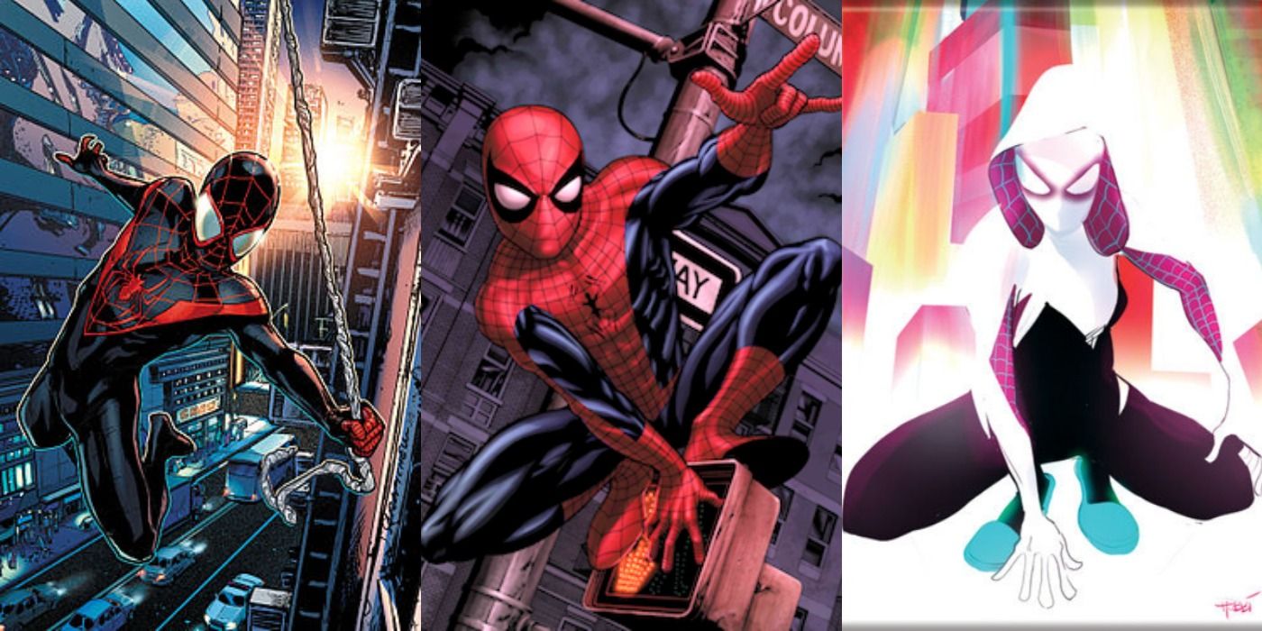Split image of Miles Morales, Spider-Man, and Spider-Gwen from Marvel Comics.