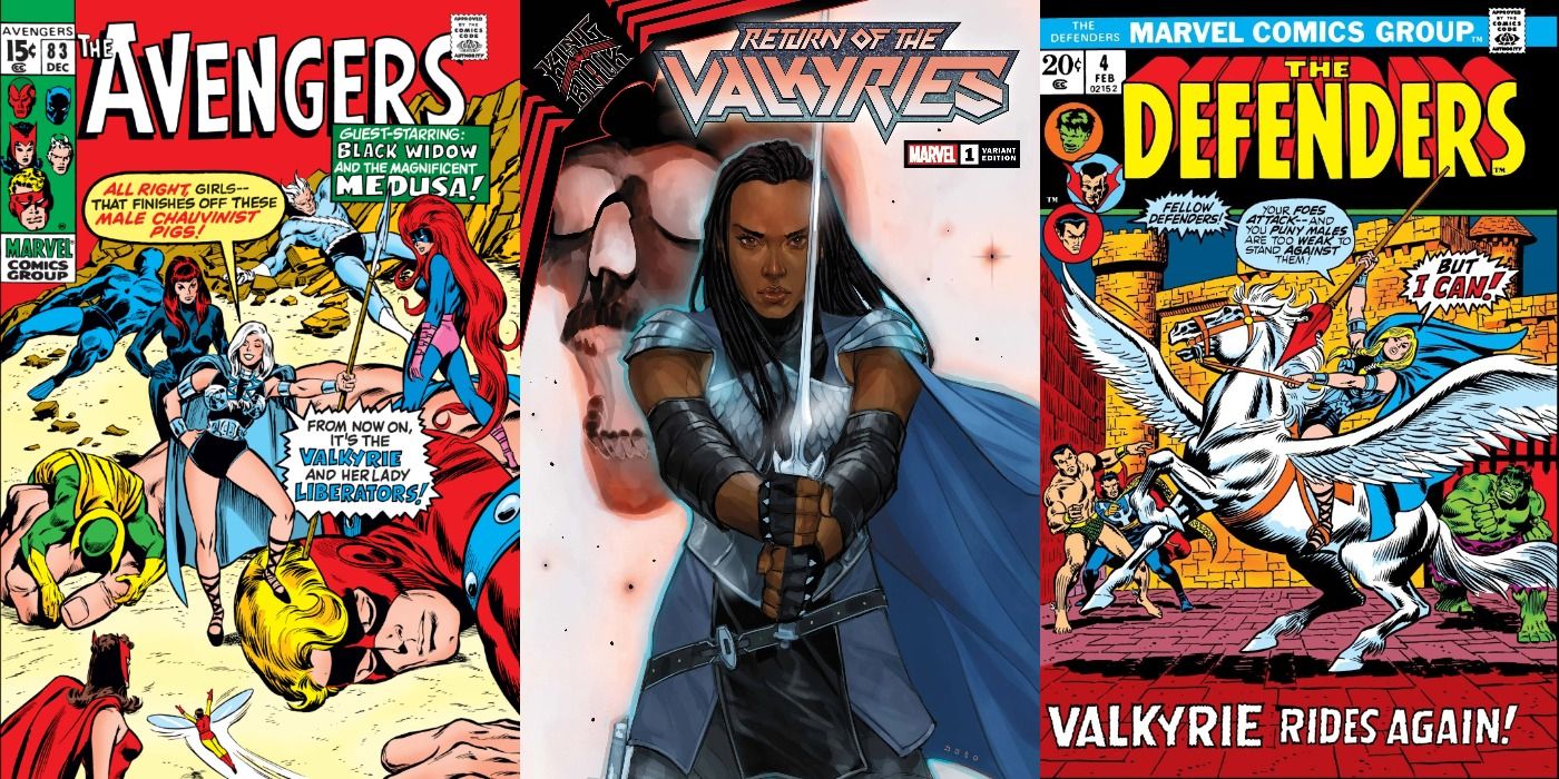 Split image of comic covers of Avengers 83, King in Black: Return of the Valkyries #1, and Defenders 4.