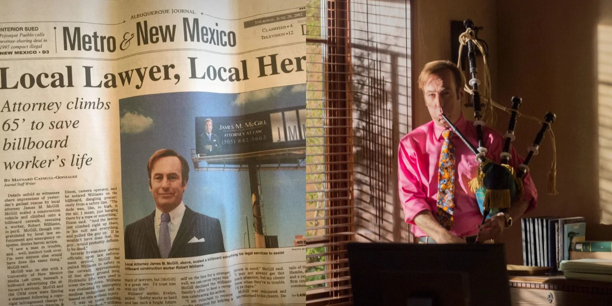 Split image showing a newspaper article and Jimmy playing the bagpipes in Better Call Saul.
