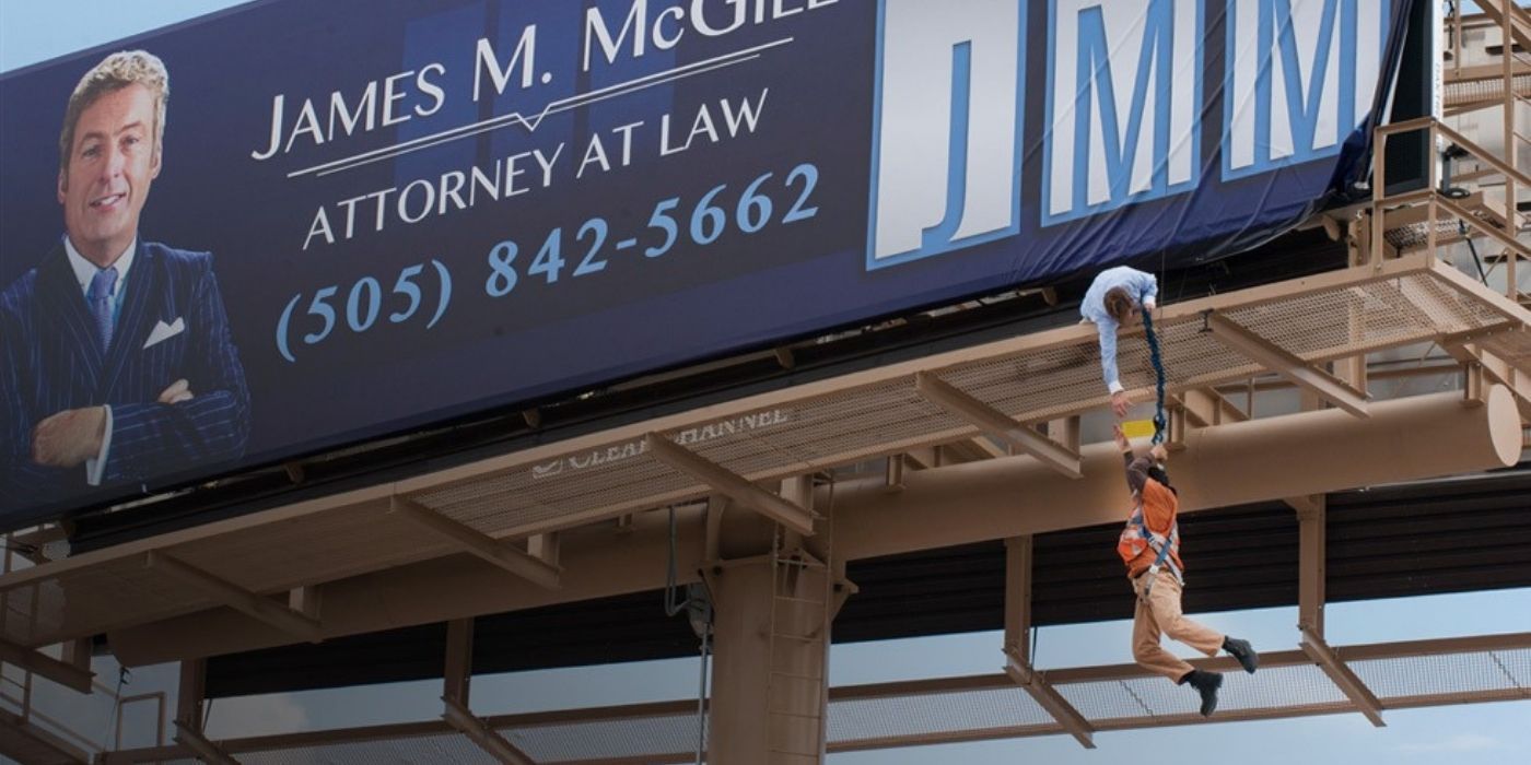 Jimmy saves a worker from falling off a billboard in Better Call Saul.