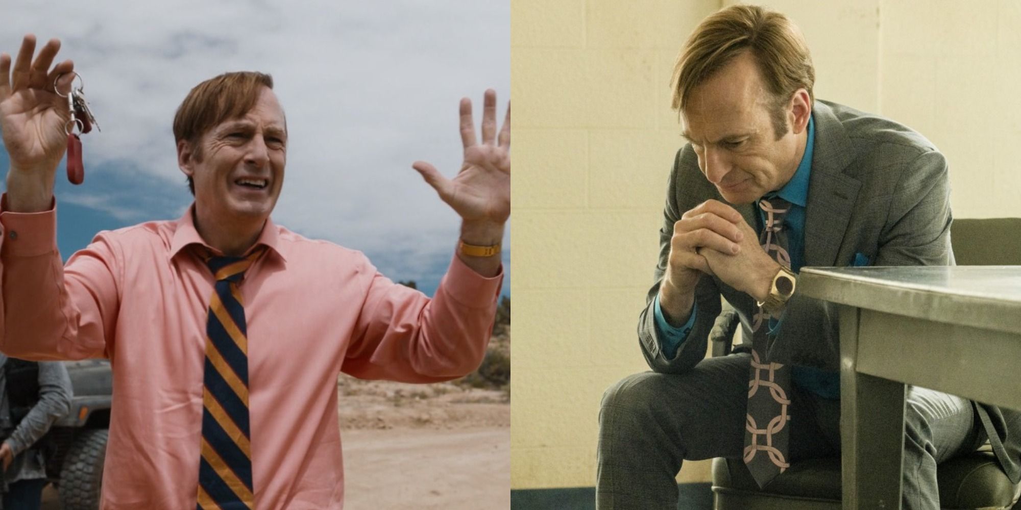 Split image of Saul Goodman with his hands up and looking stressed in Better Call Saul