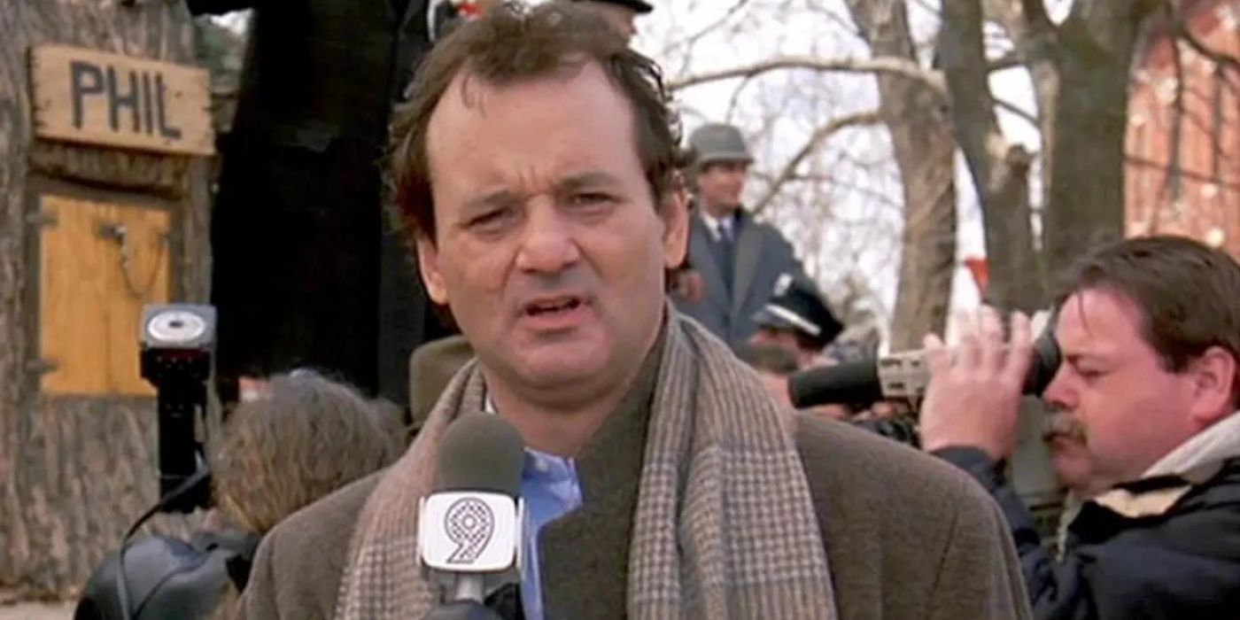 Bill Murray Talking Into A Microphone For Channel 9 In Groundhog Day