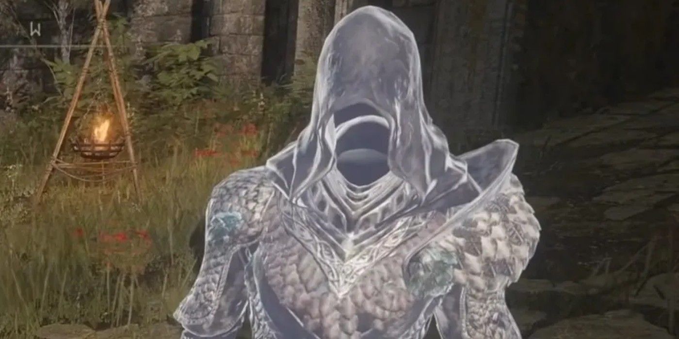 A close-up of Black Knife Tiche from Elden Ring, with her hooded face obscured. 