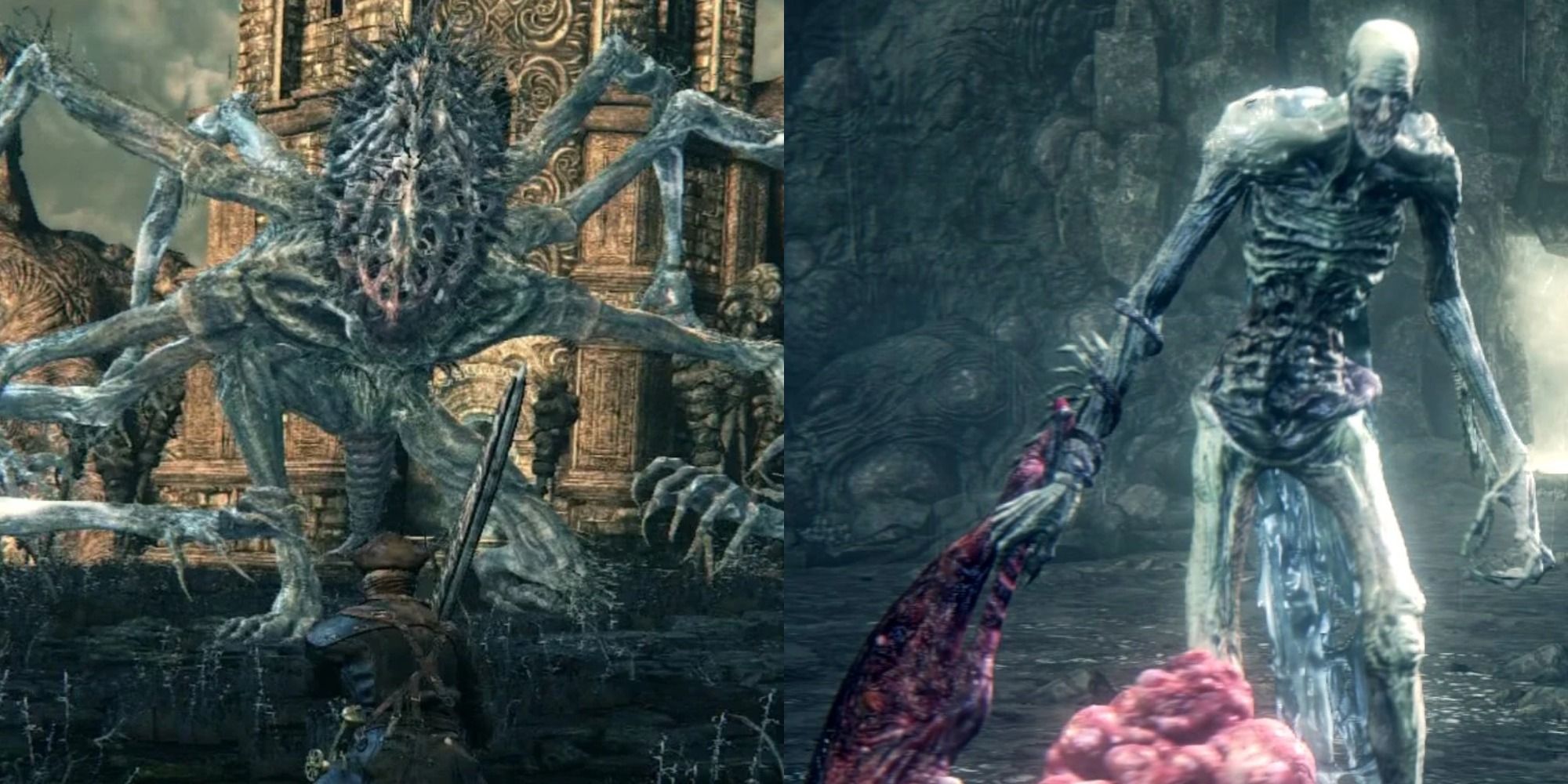 Split image showing Amygdala and the Orphan of Kos in Bloodborne.