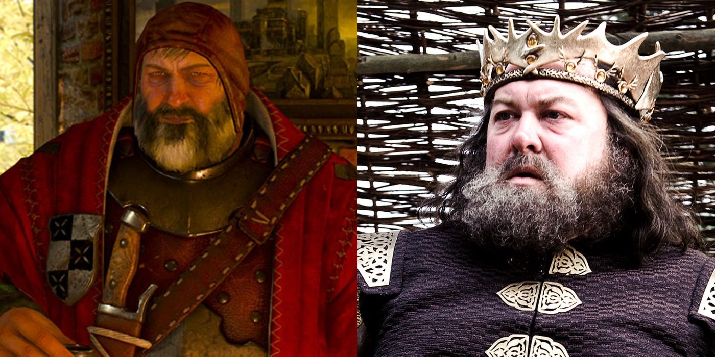 Split image of the Bloody Baron in The Witcher 3 and Robert Baratheon in Game of Thrones