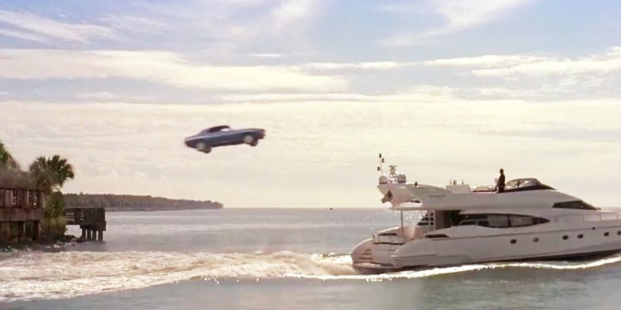 Brian's Yenko Camaro dives to Veron's boat in 2 Fast 2 Furious