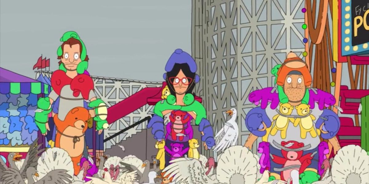 Linda walks through a crowd of turkeys while covered stuffed animals from Bob's Burgers 