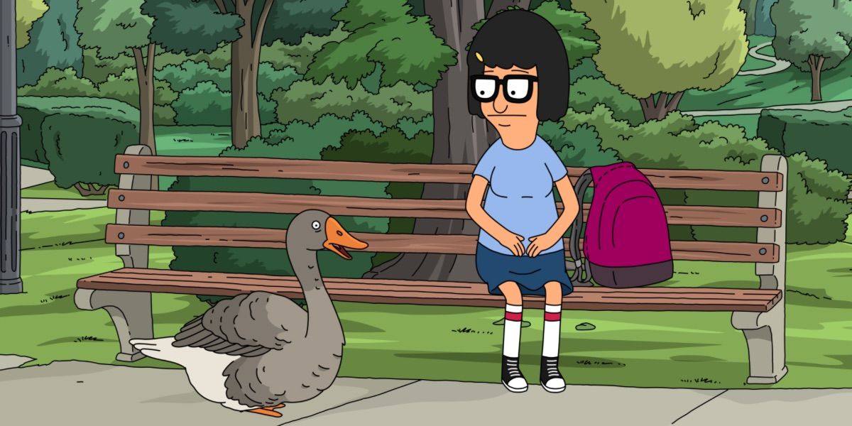 Tina sits with a goose from Bob's Burgers