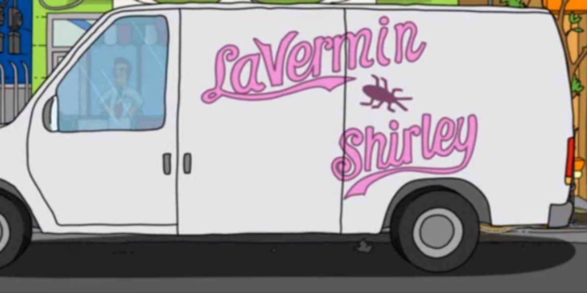 The exterminator van from Bob's Burgers reading &quot;Lavermin Shirley&quot;