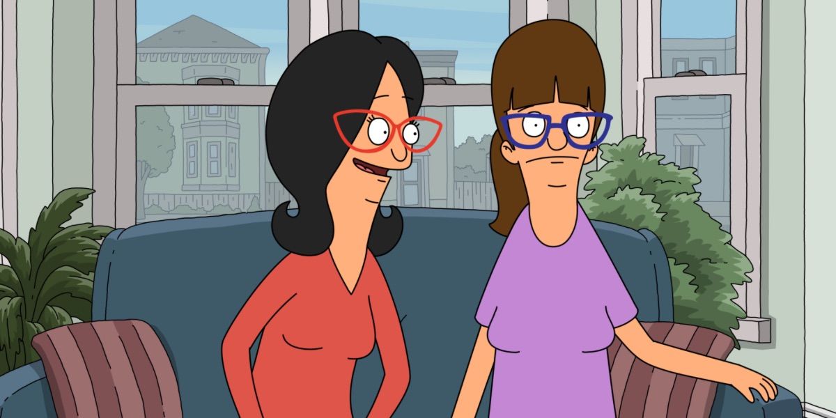 Linda and Gayle talk while sitting on a coach from Bob's Burgers 