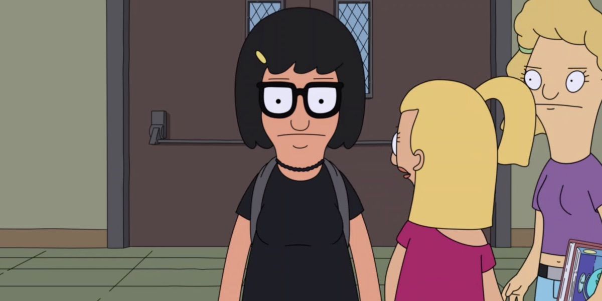 Tina walks down the hall in all black from Bob's Burgers 