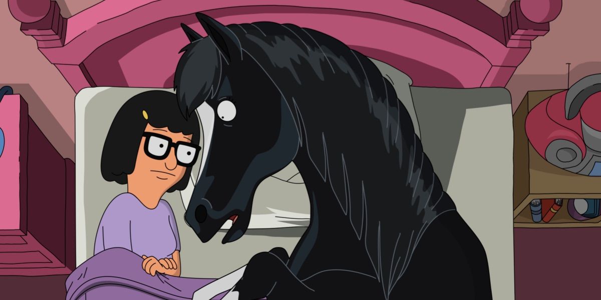Tina lays in bed next to a horse from Bob's Burgers 