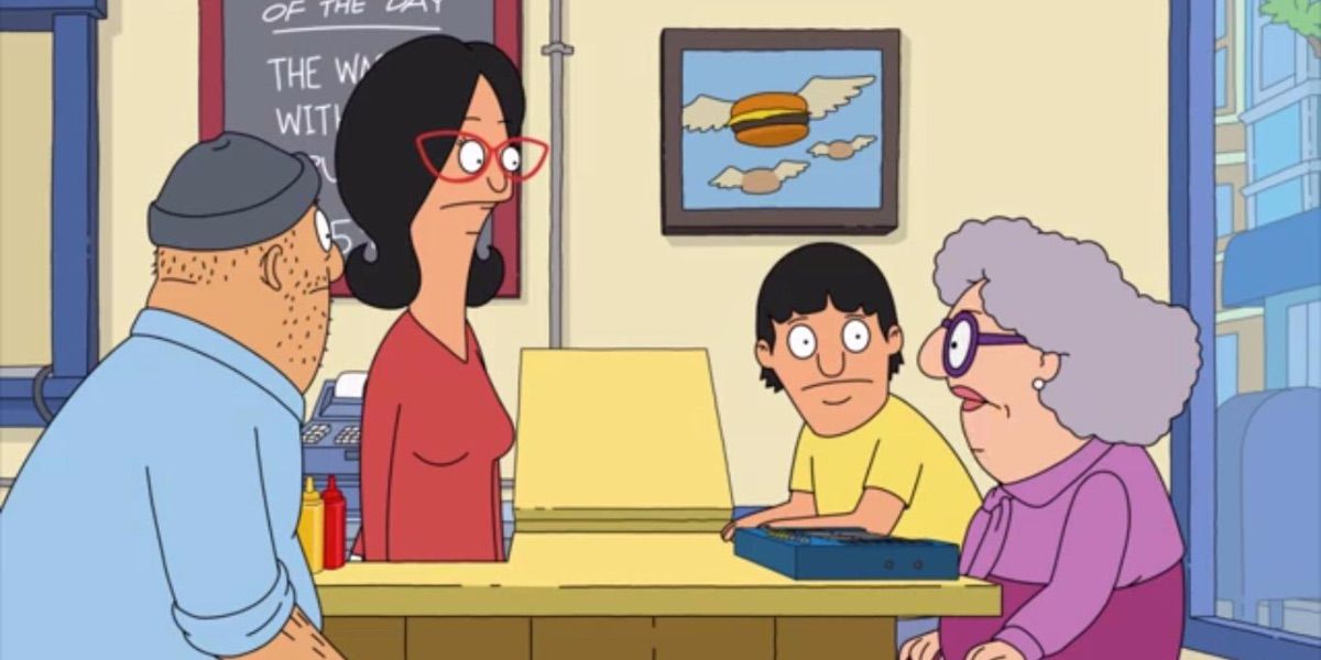 Linda, Teddy, and Gene look on while a woman sits behind a keyboard from Bob's Burgers
