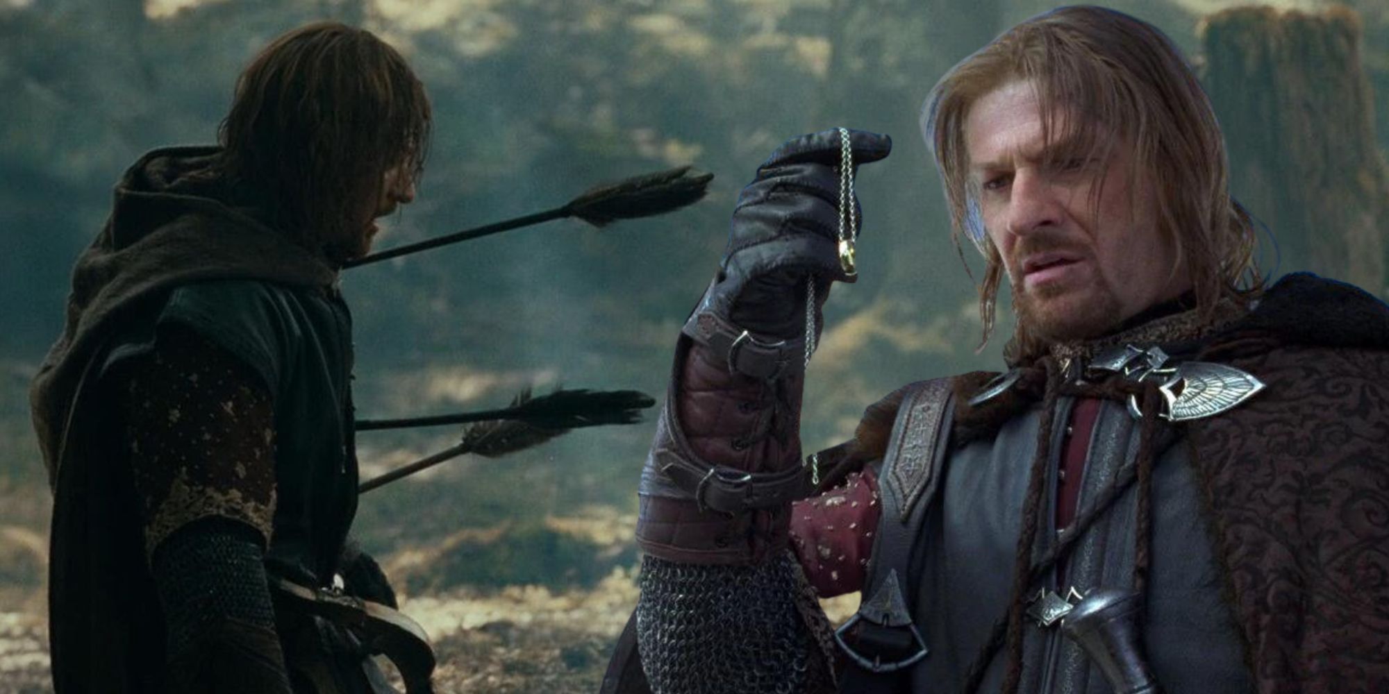 A joined image of Boramir injured by three arrows on the left and Boromir holding the One Ring on the right from The Lord of the Rings